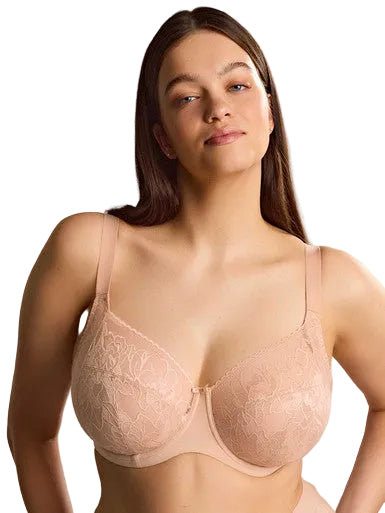 Woman wearing a beige bra against a plain background. Sculptresse Cameo Rose Dream Comfort Capri Lingerie, Sleepwear & Swimwear