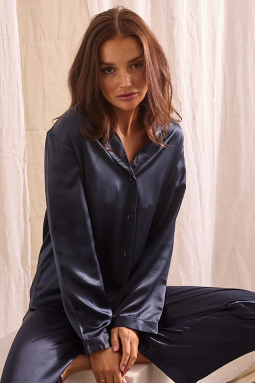 Clearance Love & Lustre Silk Piped Pyjama Set Navy