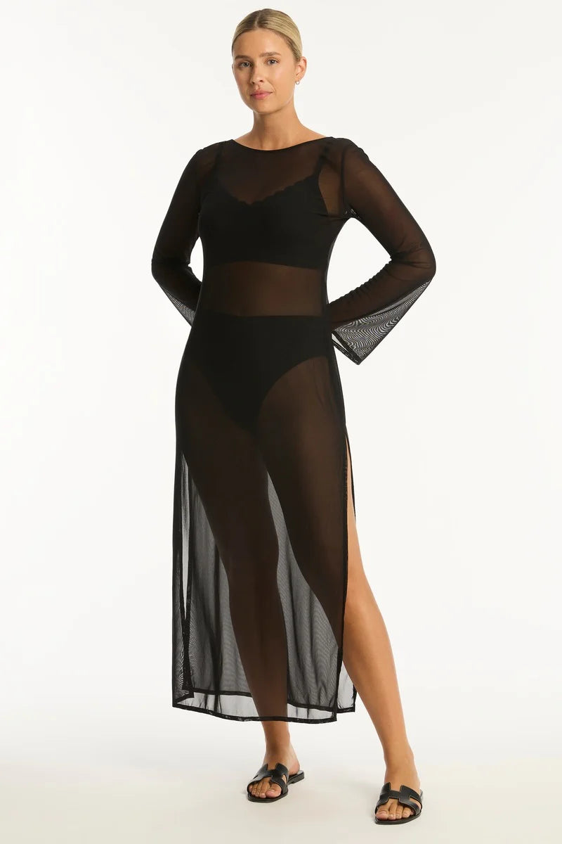 Sea Level Day Club Mesh Long Black Dress