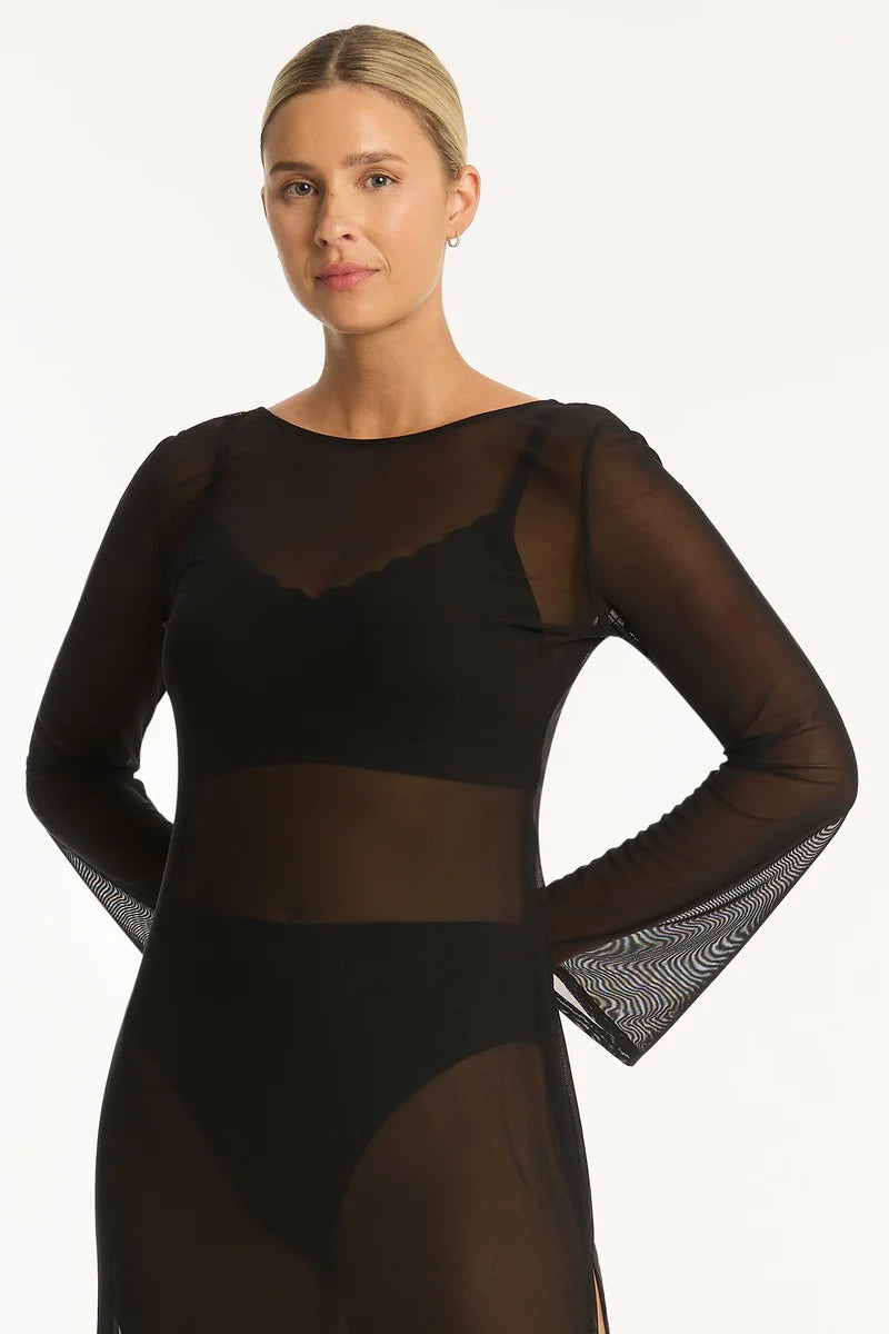 Sea Level Day Club Mesh Long Black Dress