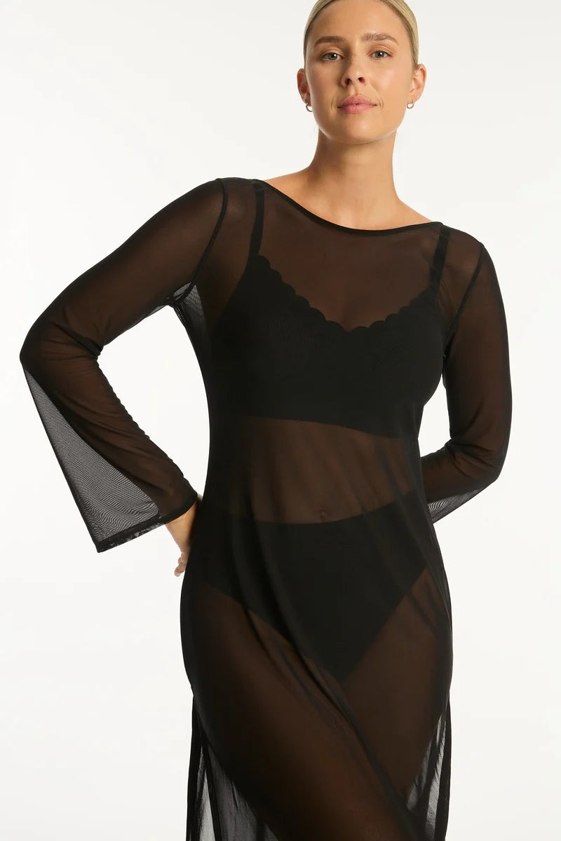 Sea Level Day Club Mesh Long Black Dress